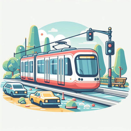 Modern tram in the city. Vector illustration in flat cartoon style.のイラスト素材