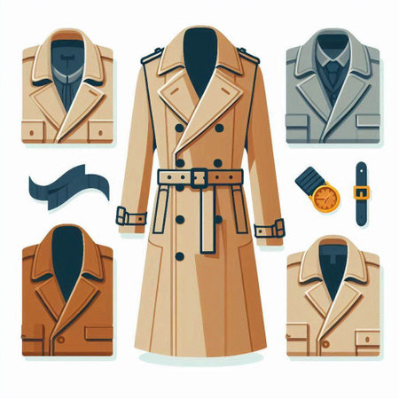 Men's coat and accessories. Vector illustration in a flat style.のイラスト素材