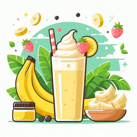 Banana smoothie in a glass with ingredients. Vector illustration.のイラスト素材