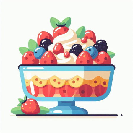 Strawberry and blueberry cake in a glass bowl. Vector illustrationのイラスト素材