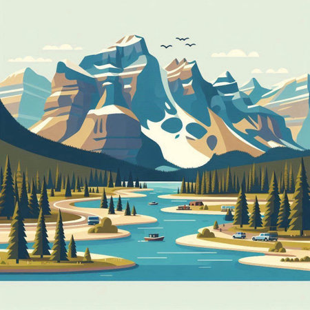 Mountains landscape with lake, forest and mountains. Vector illustration.のイラスト素材