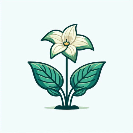 Illustration of a white flower with green leaves on a light backgroundのイラスト素材