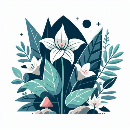 Flower composition with leaves and plants. Vector illustration in flat style.のイラスト素材