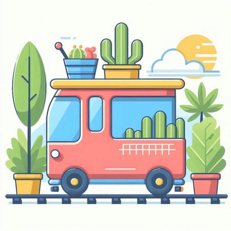 Cactus truck flat vector illustration. Cactuses, cacti and succulentsのイラスト素材