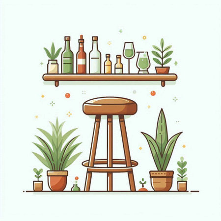 Bar counter with wine bottles and plants. Vector illustration in flat styleのイラスト素材