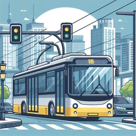 Bus on the city street. Vector illustration in flat cartoon style.のイラスト素材