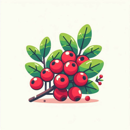 Cranberry branch with berries and green leaves. Vector illustration.のイラスト素材
