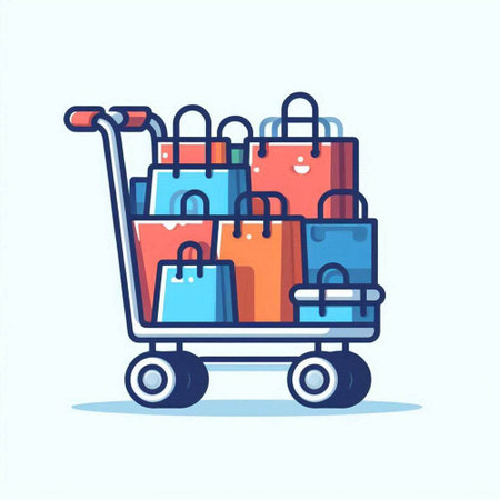 Shopping cart with bags. Vector illustration in a flat style.のイラスト素材