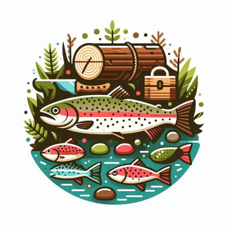 Fishing emblem. Vector illustration of a trout in the circle.のイラスト素材