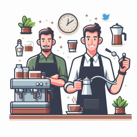 Barista making coffee. Hand drawn vector illustration in cartoon style.のイラスト素材