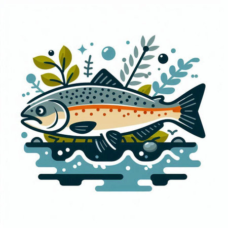Colorful hand drawn vector illustration of a rainbow trout in the water.のイラスト素材