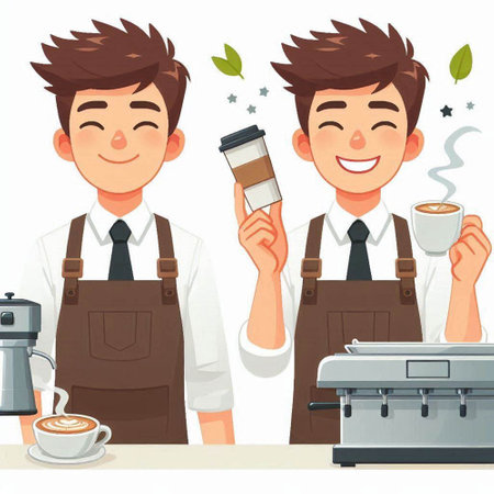 Coffee shop staff. Cute cartoon characters. Vector illustrationのイラスト素材