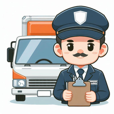Policeman with clipboard and truck on white background vector illustration.のイラスト素材