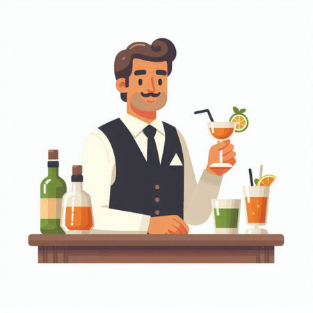 Bartender with a glass of cocktail. Vector illustration in cartoon styleのイラスト素材