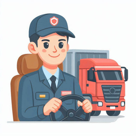 Policeman in uniform driving truck. Vector illustration in cartoon styleのイラスト素材