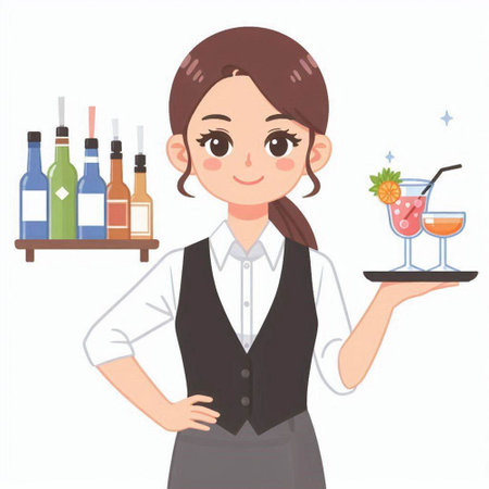 Waitress holding a tray with a cocktail. Vector illustration in cartoon style.のイラスト素材