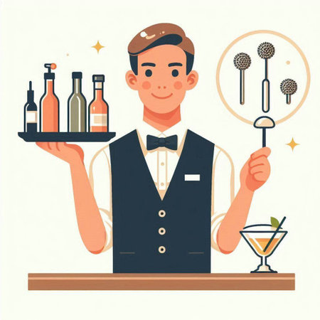 Bartender holding a tray with alcoholic drinks. Vector illustration.のイラスト素材
