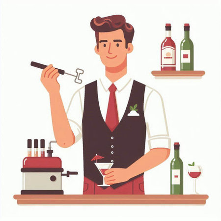 Bartender in apron making cocktail. Vector illustration in flat styleのイラスト素材