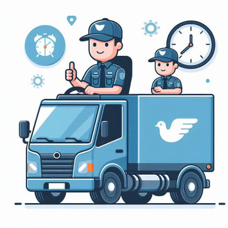 Vector illustration of a delivery truck with a courier in uniform delivering goods.のイラスト素材