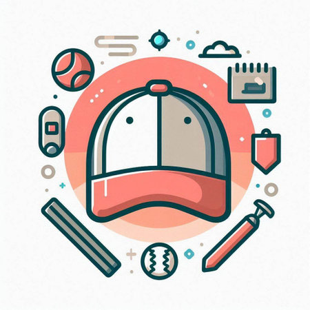 Baseball cap and sport equipment. Vector illustration in flat linear style.のイラスト素材