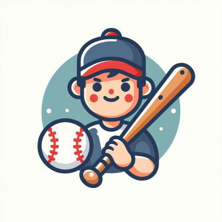 Baseball player with bat and ball. Vector illustration in cartoon style.のイラスト素材