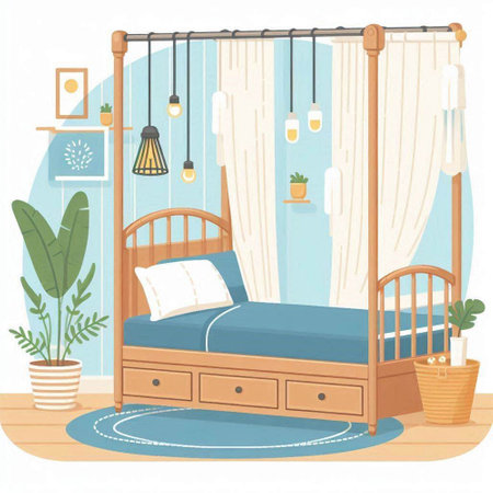 Illustration of a Bedroom Interior with Furniture in Cartoon Styleのイラスト素材