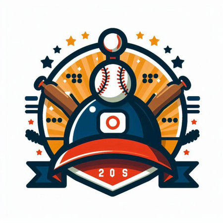 Baseball club emblem with ball, helmet and bat. Vector illustration.のイラスト素材