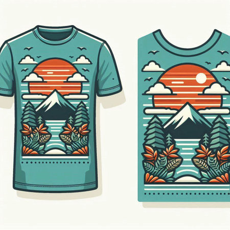 T-shirt design with mountains and forest in retro style. Vector illustration.のイラスト素材