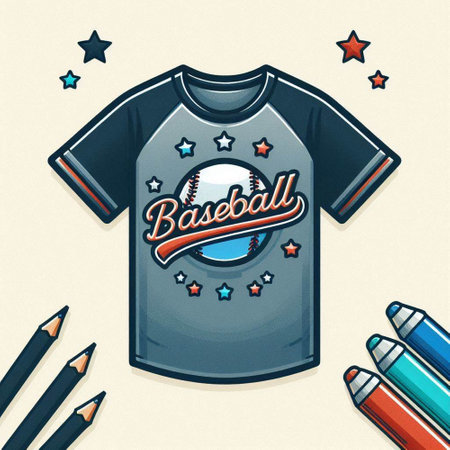 Baseball t-shirt mockup with baseball ball, pencils and stars.のイラスト素材