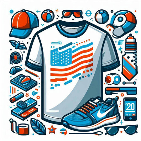 Colorful vector illustration of american t-shirt design with sport elementsのイラスト素材