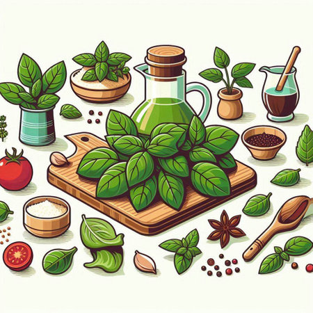 Herbs and spices on wooden board. Vector illustration in cartoon style.のイラスト素材