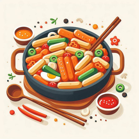 Vector illustration of Japanese hot pot with sausages and vegetables.のイラスト素材