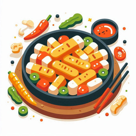 Vector illustration of grilled vegetables in a frying pan with chopsticks.のイラスト素材