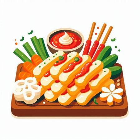 Illustration of japanese food. Sushi roll with chopsticks, vegetables and sauce.のイラスト素材