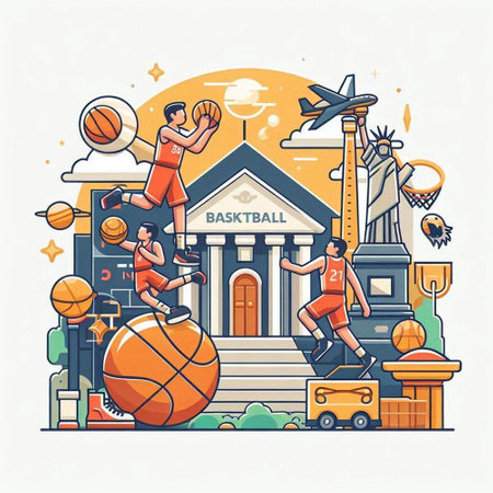 Basketball player in front of the school building. Vector illustration.のイラスト素材