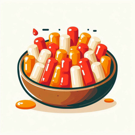 Illustration of a bowl of red and yellow pills on white backgroundのイラスト素材