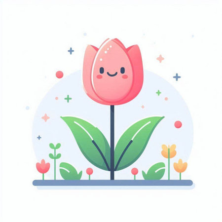 Cute pink tulip with green leaves and flowers. Flat vector illustration.のイラスト素材