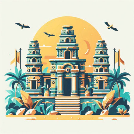 Vector illustration of Hindu temple on the island of Goa in Indiaのイラスト素材