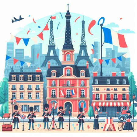 Eiffel Tower and Grand Place in Paris, France. Vector Illustrationのイラスト素材