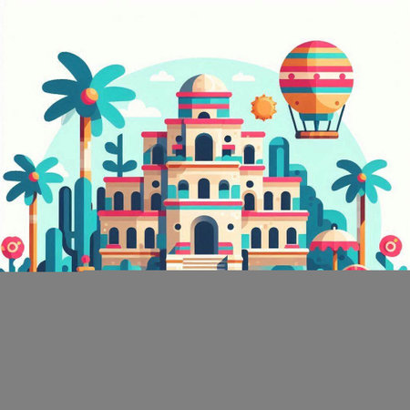 Vector illustration of famous landmarks in flat style. Colorful buildings, palms and hot air balloons.のイラスト素材