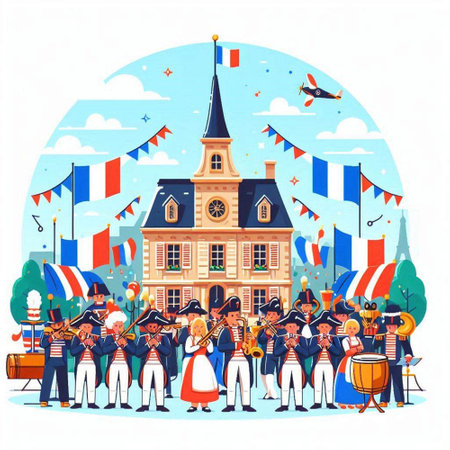 Carnival festival vector illustration. Cheerful people in costumes, musicians and musicians playing musical instruments in front of old school buildingのイラスト素材