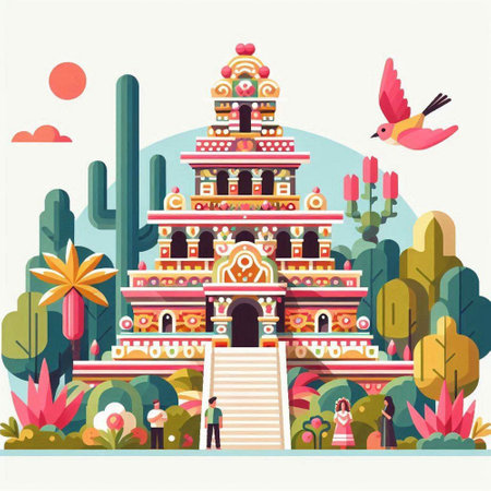 Buddhist temple in the desert. Vector illustration in flat styleのイラスト素材