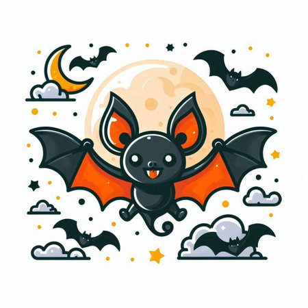 Cute cartoon bat flying in the night sky. Vector illustration.のイラスト素材
