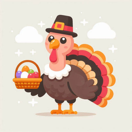 Thanksgiving turkey with basket of eggs. Cute cartoon vector illustration.のイラスト素材
