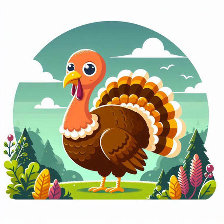 vector illustration of a turkey on a background of a landscape with treesのイラスト素材
