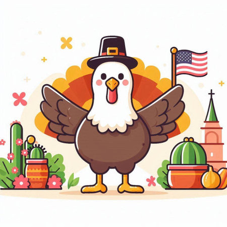 Thanksgiving Day. Cute cartoon turkey in a hat with an American flag. Vector illustration.のイラスト素材