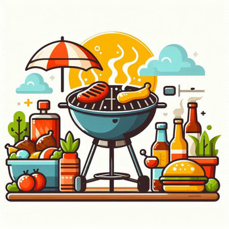 Vector illustration of BBQ grill with food and drinks in flat style.のイラスト素材