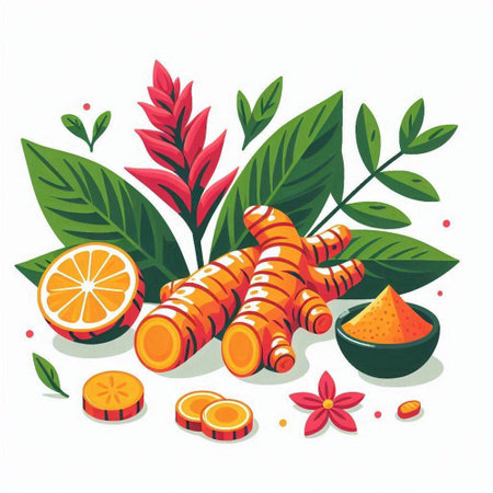 Turmeric, orange, lemon and green leaves. Vector illustration.のイラスト素材