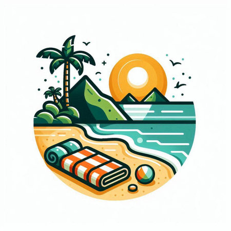 Tropical beach with palms and sun. Vector illustration in flat styleのイラスト素材