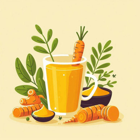Cup of carrot juice with fresh ingredients. Vector illustration in flat styleのイラスト素材